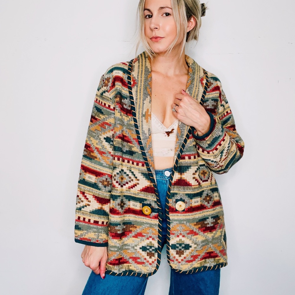 VINTAGE | Tapestry Boho Woven Oversized Cotton Long Blazer Duster Coat